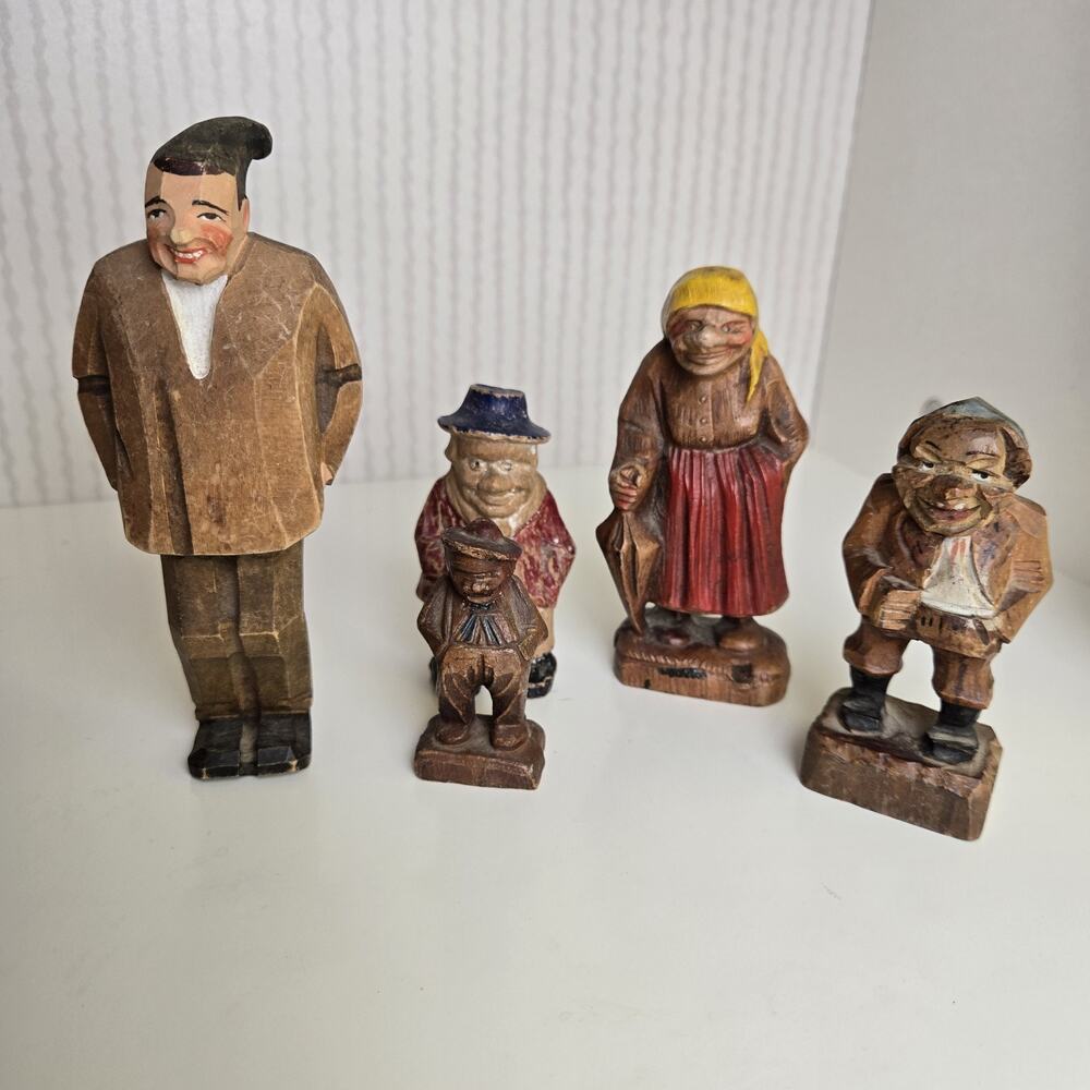 Vintage European‎ Folk Art Wood Carved Figures People Lot Of 5